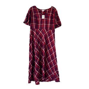 NWT J JILL Burgundy Plaid Midi Dress with Flutter Sleeves